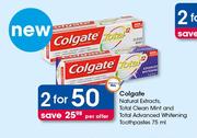 Colgate Natural Extracts,Total Clean Mint & Total Advanced Whitening Toothpastes-2 x 75ml