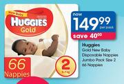 Huggies Gold New Baby Disposable Nappies Jumbo Pack Size 2 - 66's Per Pack