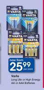 Varta Long Life Or High Energy AA Or AAA Batteries-Per Pack