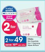 Clicks Skin Essentials 3 In 1 Cleansing Wipes 40 Pack-For 2