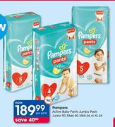 Pampers Active Baby Pants Jumbo Pack Junior 50, Maxi 60, Midi 66 Or XL44-Per Pack