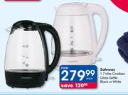 Safeway 1.7Ltr Cordless Glass Kettle Black Or White-Each