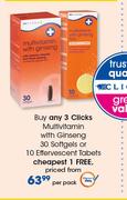 Clicks Multivitamin With Ginseng 30 Softgels Or 10 Effervescent Tablets-Per Pack