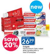 Colgate Natural Extracts,Optic,Instant White,Sparkling Mint Or Total 12 Toothpaste-Each