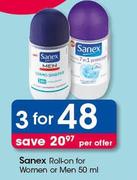 Sanex Roll On For Women Or Men-3x50ml Per Offer