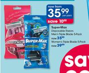 Super Max Disposable Razors Women's Triple Blades-5 Pack Per Pack