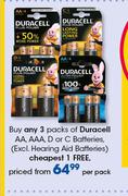 Duracell AA, AAA, D Or C Batteries(Excl.Hearing Aid Batteries)-Per Pack