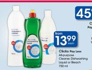 Clicks Pay Less All Purpose Cleaner, Dishwashing Liquid Or Bleach-750ml Each