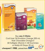 Clicks Cod Liver Oil Emulsion Orange 200ml, Kids Chewblw Omega-3 60Softgels, Vitamin C 60Gummies-Ea