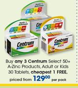 Centrum Select 50+ A-Zinc Products, Adult Or Kids 30 Tablets-Per Pack