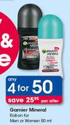 Garnier Mineral Roll On For Men Or Women-Any 4x50ml Per Offer