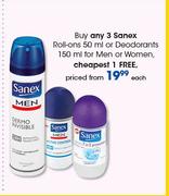 Sanex Roll-Ons-50ml Or Deodorants-150ml For Men Or Women-Each
