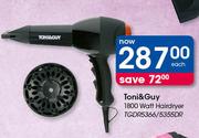 Toni & Guy 1800 Watt Hairdryer TGDR5366/5355DR-Each