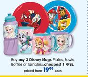 Disney Mugs Plates, Bowls, Bottles Or Tumblers-Each