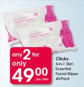 Clicks 3 In 1 Skin Essential Facial Wipes 40 Pack-For 2 