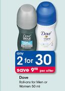 Dove Roll-Ons For Men Or Women-Any 2X50ml