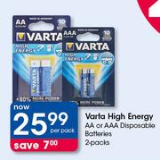 Varta High Energy 2-Packs AA Or AAA Disposable Batteries-Per Pack