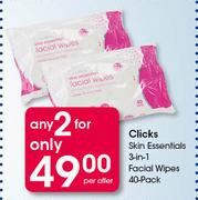 Clicks Skin Essentials 3 In 1 Facial Wipes 40 Pack-For 2