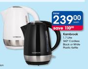 kambrook 1.7Ltr 360 Degree Cordless Black Or White Plastic Kettle-Each