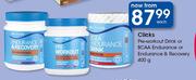 Clicks Pre Workout Drink Or BCAA Endurance Or Endurance & Recovery-400g Each