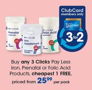 Clicks Pay Less Iron, Prenatal Or Folic Acid Products-Per Pack