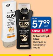 Schwarzkopf Gliss Shampoo Or Conditioner-400ml Each