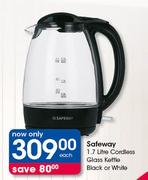 Safeway 1.7Ltr Cordless Glass Kettle (Black Or White)-Each