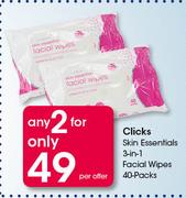 Clicks Skin Essentials 3 In 1 Facial Wipes-2x40 Packs Per Offer