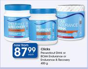 Clicks Pre Workout Drink For BCAA Endurance Or Endurance & Recovery-400g Each
