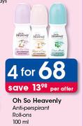 Oh So Heavenly Anti Perspirant Rolls Ons-4x100ml Per Offer