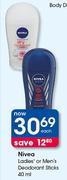 Nivea Ladies Or Men's Deodorant Sticks-40ml Each