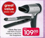 Clicks Pay Less 1200 Watt Compact Hairdryer Or Wet & Dry Hair Straightener-Each