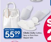 Clicks Waffle Cotton, Terry Or Pom Pom Slipper Sets-Each