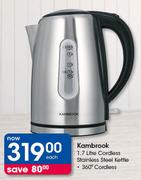 Kambrook 1.7Ltr Cordless 360 Degree Stainless Steel Kettle-Each