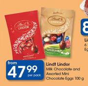 Lindt Lindor Milk Chocolate & Assorted Mini Chocolate Eggs-100g Per Pack