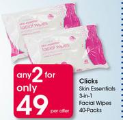 Clicks Skin Essentials 3-In-1 Facial Wipes-2 x 40 Packs Per Offer