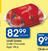 Lindt Lindor 6 Milk Chocolate Eggs-168g Per Pack