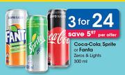 Coca-Cola, Sprite Or Fanta Zeros & Lights-3X300ml