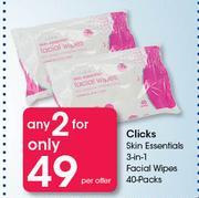 Clicks Skin Essentials 3-In-1 Facial Wipes-2X40's