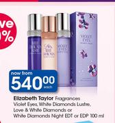 Elizabeth Taylor Fragrances Violet Eyes,White Diamonds Lustre,Love & White Diamonds-100ml Each