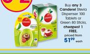 Canderal Stevia Dispenser 100 Tablets or Green 80 Sticks-Each