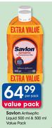Savlon Antiseptic Liquid 500ml & 500ml Value Pack-Per Pack