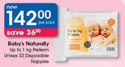 Baby's Naturally (Up to 1Kg) Preterm Unisex 32 Disposable Nappies-Per Pack.