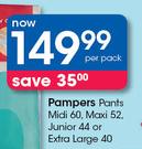 Pampers Pants Midi 60, Maxi 52, Junior 44 Or Extra Large 40-Per Pack