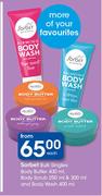 Sorbet Bulk Singles, Body Buffer 400ml, Body Scrub 250ml & 300ml And Body Wash 400ml-Each