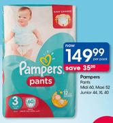 Pampers Pants Midi 60/Maxi 52's/Junior 44's/XL 40's-Per Pack