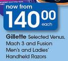 Gillette Selected Venus Mach 3 & Fusion Men's & Ladies Handheld Razors-Each