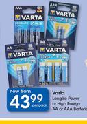 Varta Longlife Power Or High Energy AA Or AAA Batteries-Per Pack