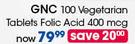 GNC 100 Vegetarian Tablets Folic Acid 400 mcg-Per Pack