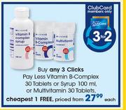 Clicks Pay Less Vitamin B-Complex 30 Tablets Or Syrup-100ml Or Multivitamin 30 Tablets-Each